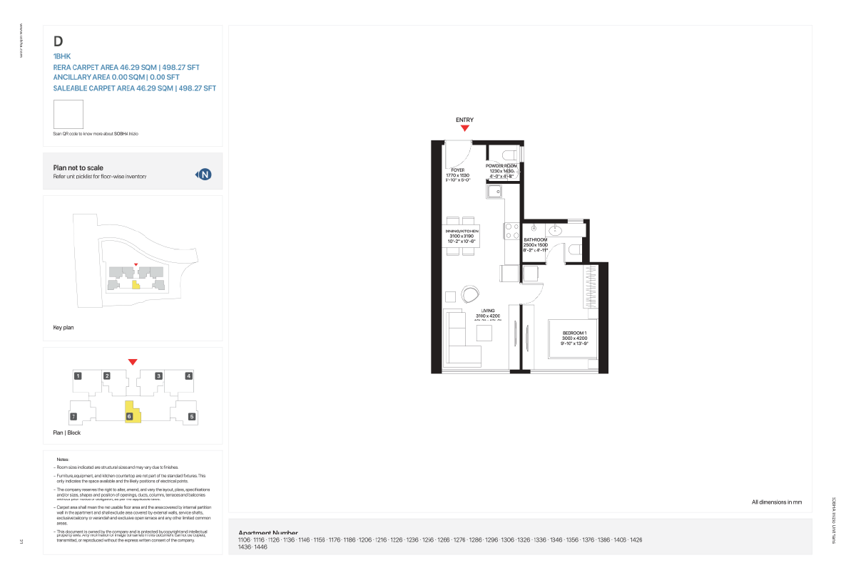 1BHK Floor plan of Sobha Inizio
