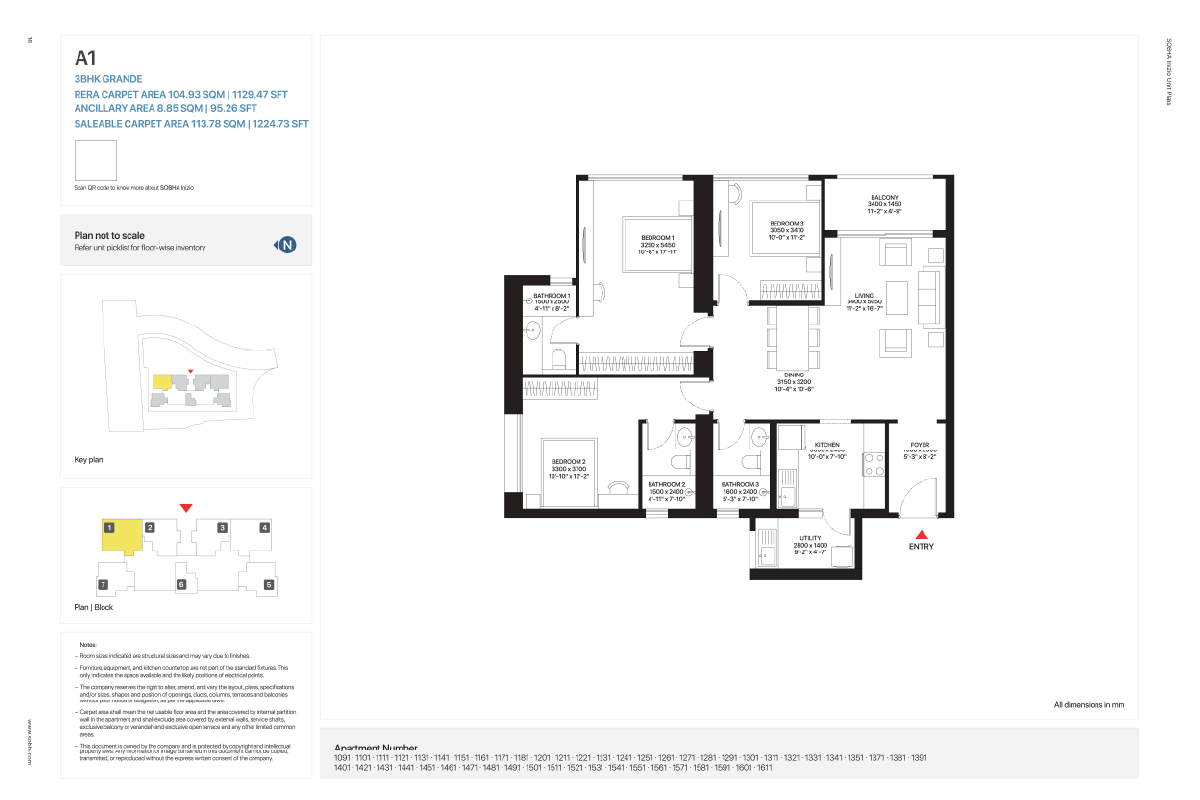 3BHK Floor Plan of Sobha Inizio