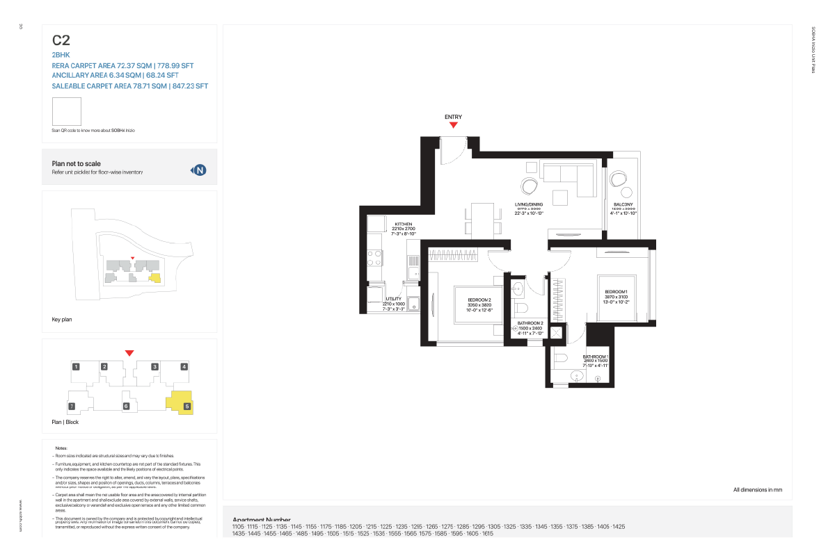2BHK Floor plan of Sobha Inizio