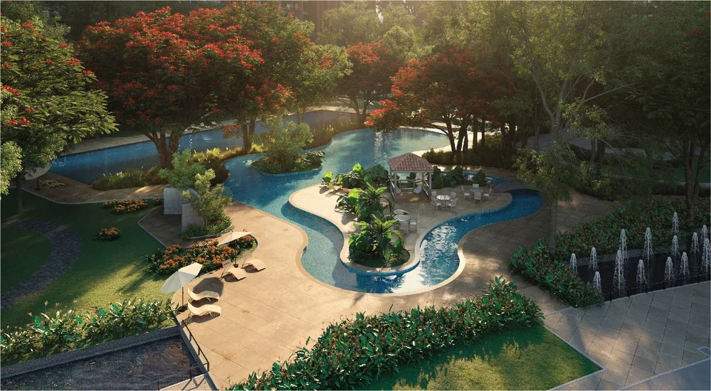 Luxury swimming pool and landscaped leisure area at SOBHA Aranya Gurgaon surrounded by lush greenery