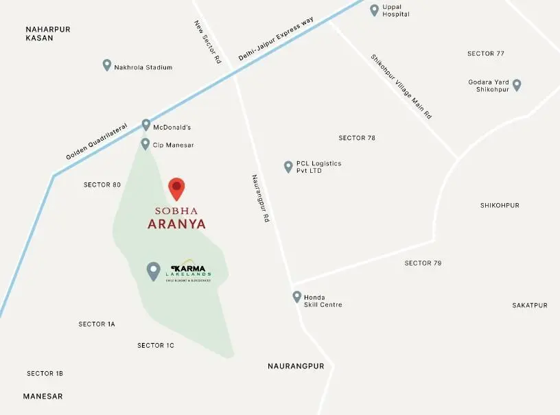 Location map of SOBHA Aranya at Karma Lakelands Sector 80 Gurgaon near NH-48 and major connectivity routes