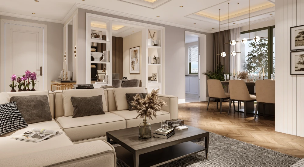 Luxury living room interior at SOBHA Aranya Gurgaon with modern design and elegant dining space