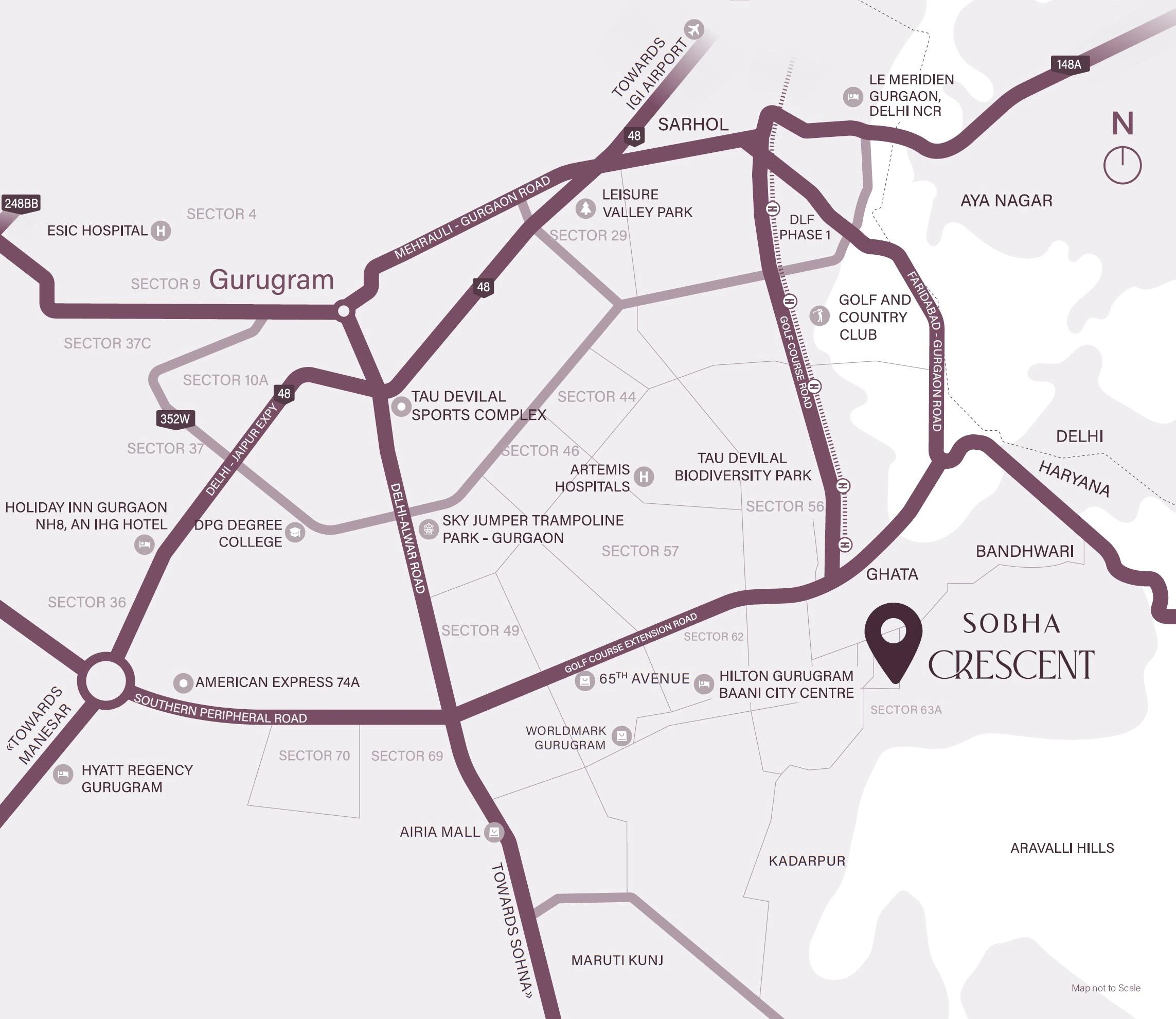 Sobha Crescent Gurgaon location map at Sector 63A Golf Course Extension Road