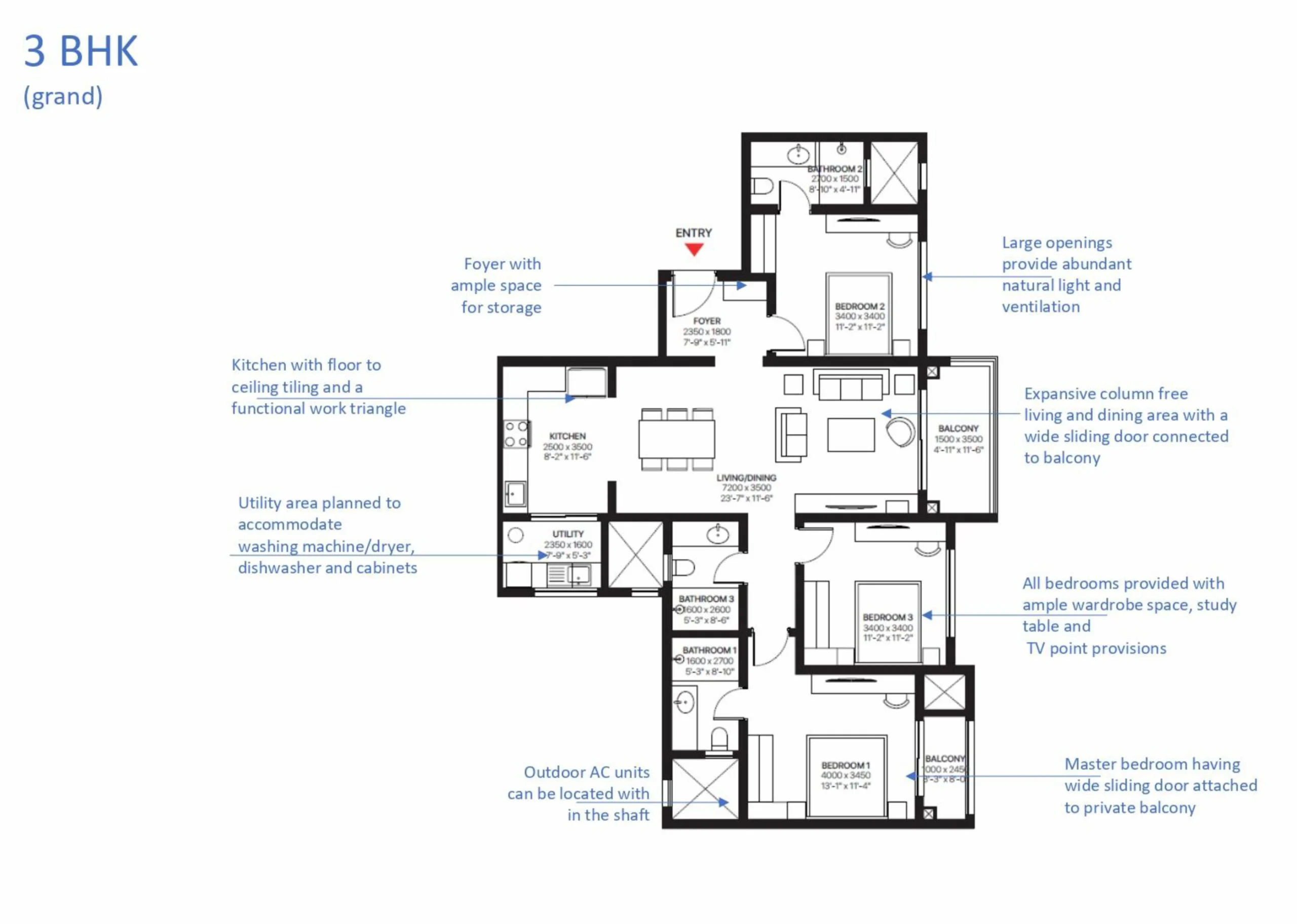 Sobha One World 3 BHK grand apartment floor plan