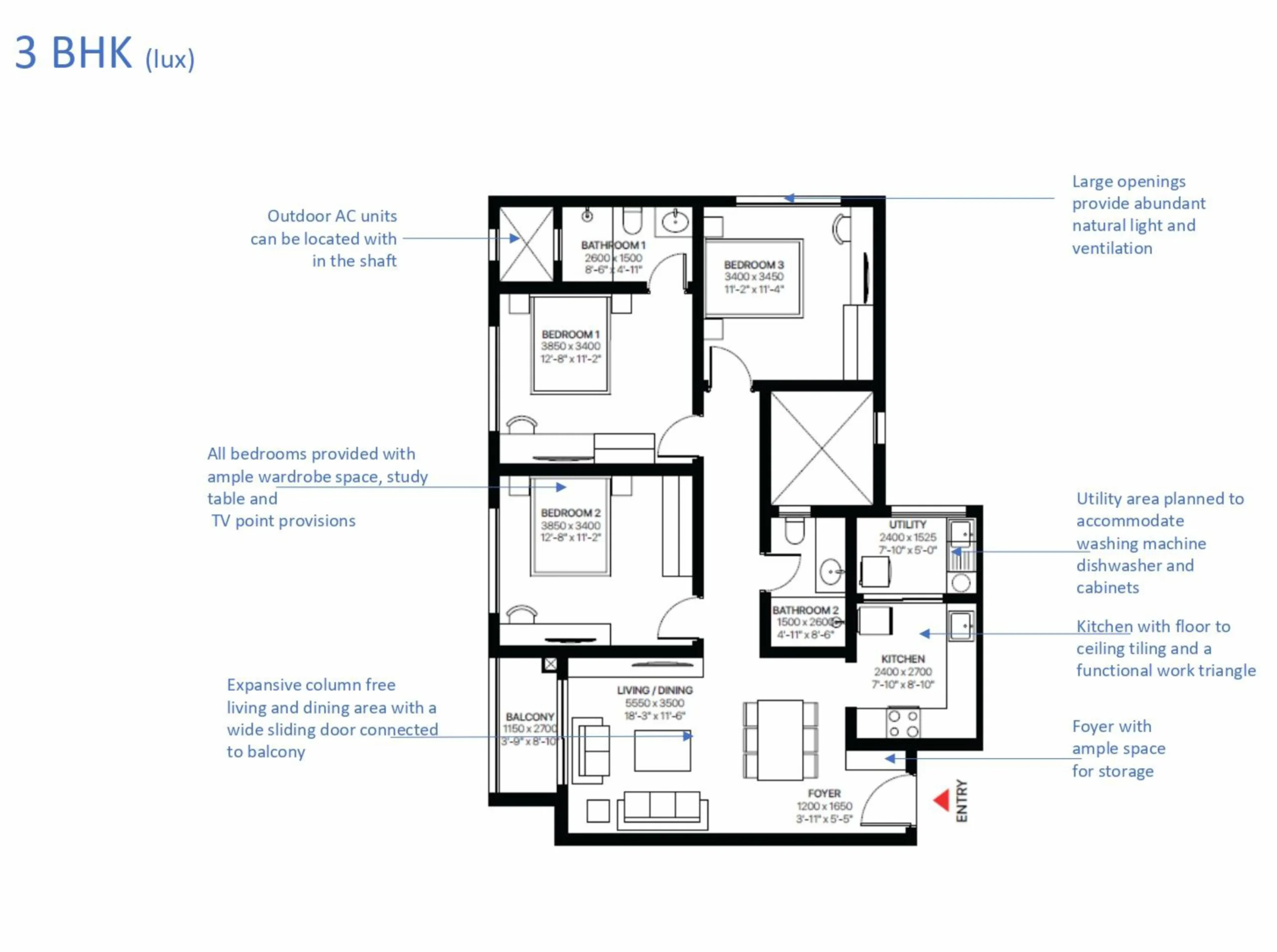 Sobha One World 3 BHK lux apartment layout