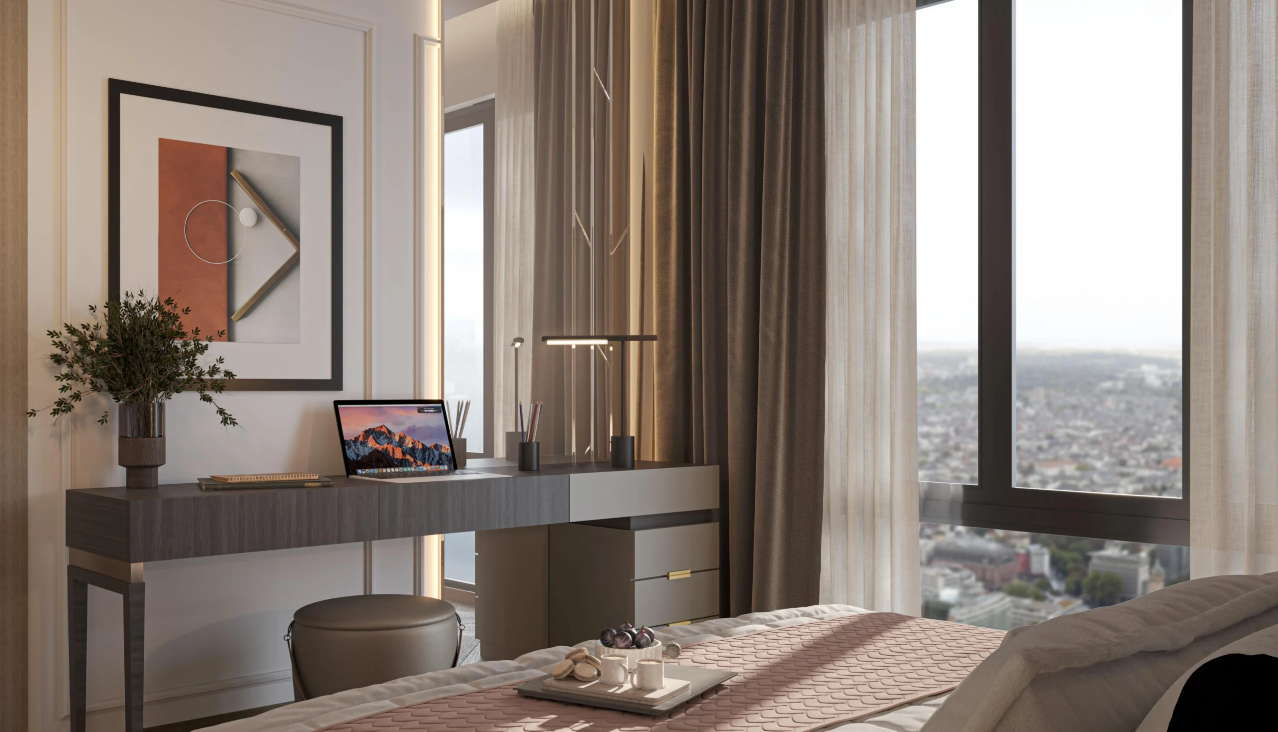 Sobha One World bedroom with workspace and city view