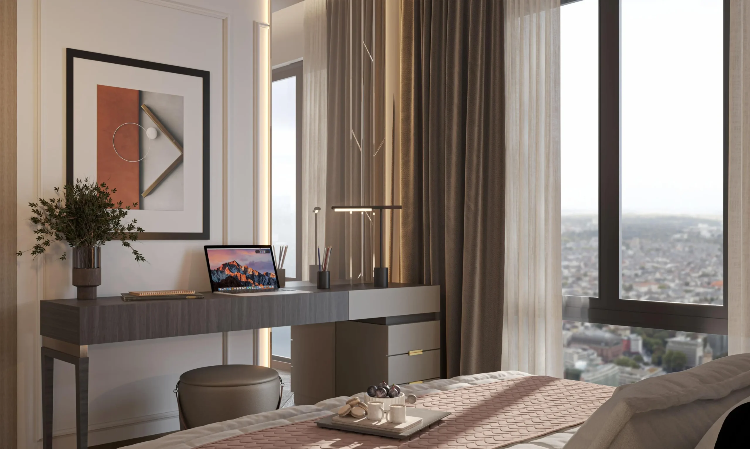Sobha One World bedroom with workspace and city view