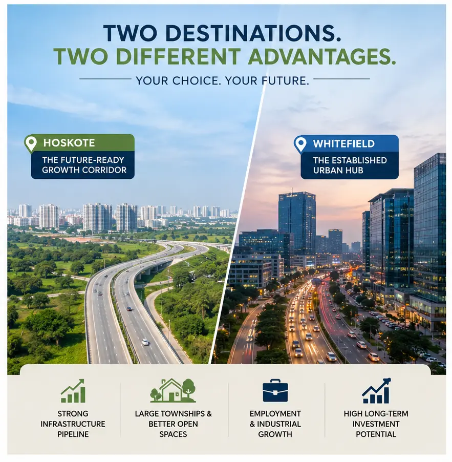 Hoskote and Whitefield comparison highlighting growth potential infrastructure township living and investment opportunities in East Bangalore