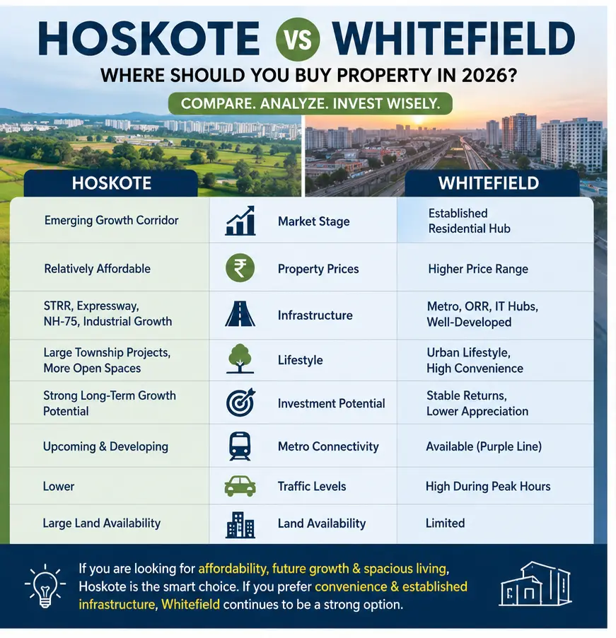 Hoskote vs Whitefield property comparison showing prices infrastructure connectivity lifestyle and investment potential in 2026