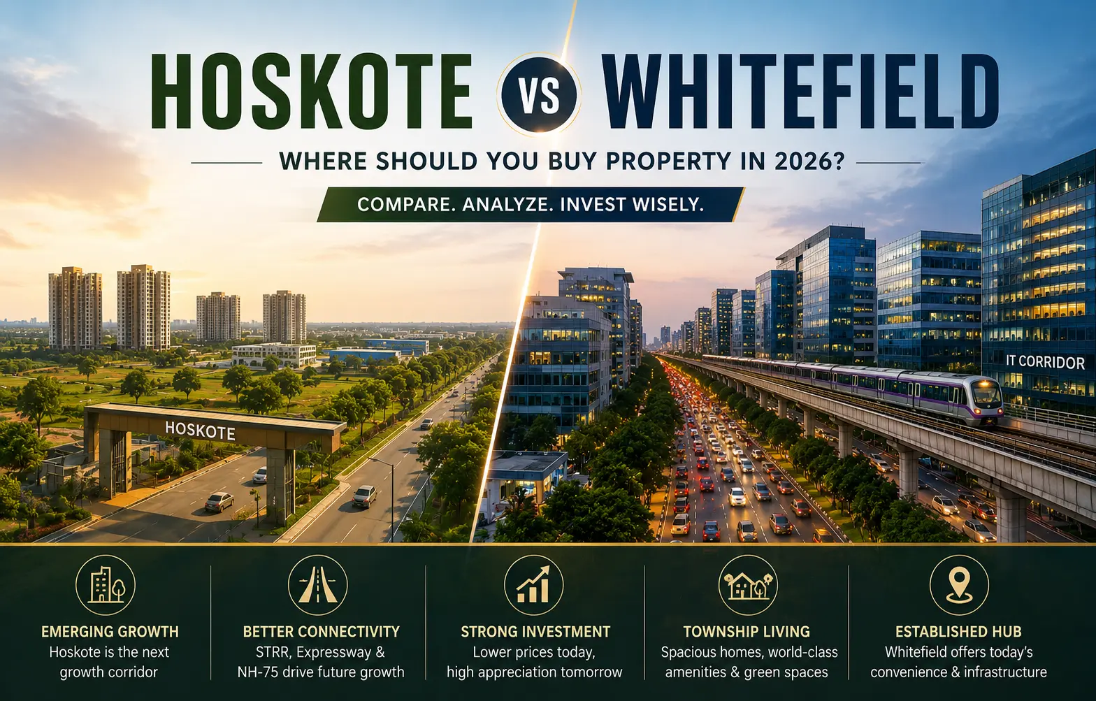 Hoskote vs Whitefield property comparison for homebuyers and real estate investors in East Bangalore 2026