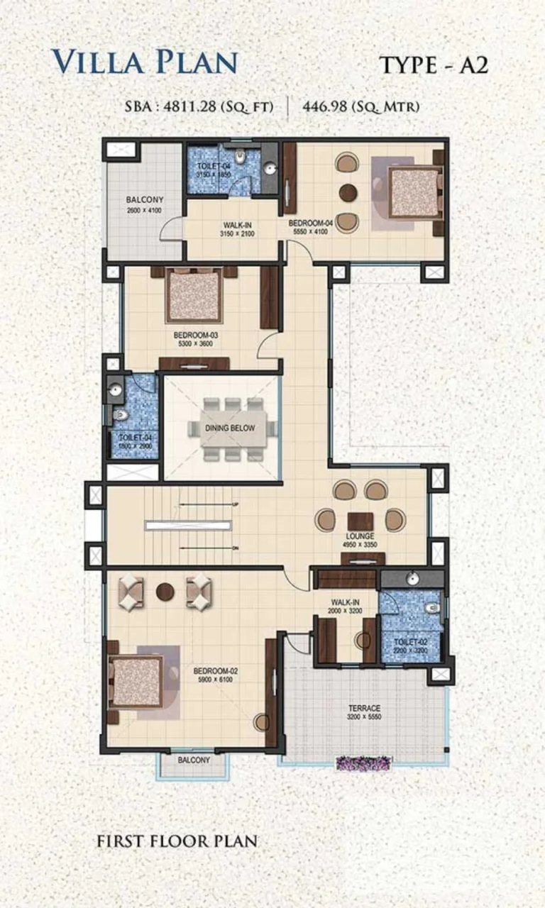 SOBHA Bela Encosta Type A2 first floor plan with bedrooms, lounge and terrace in Kozhikode