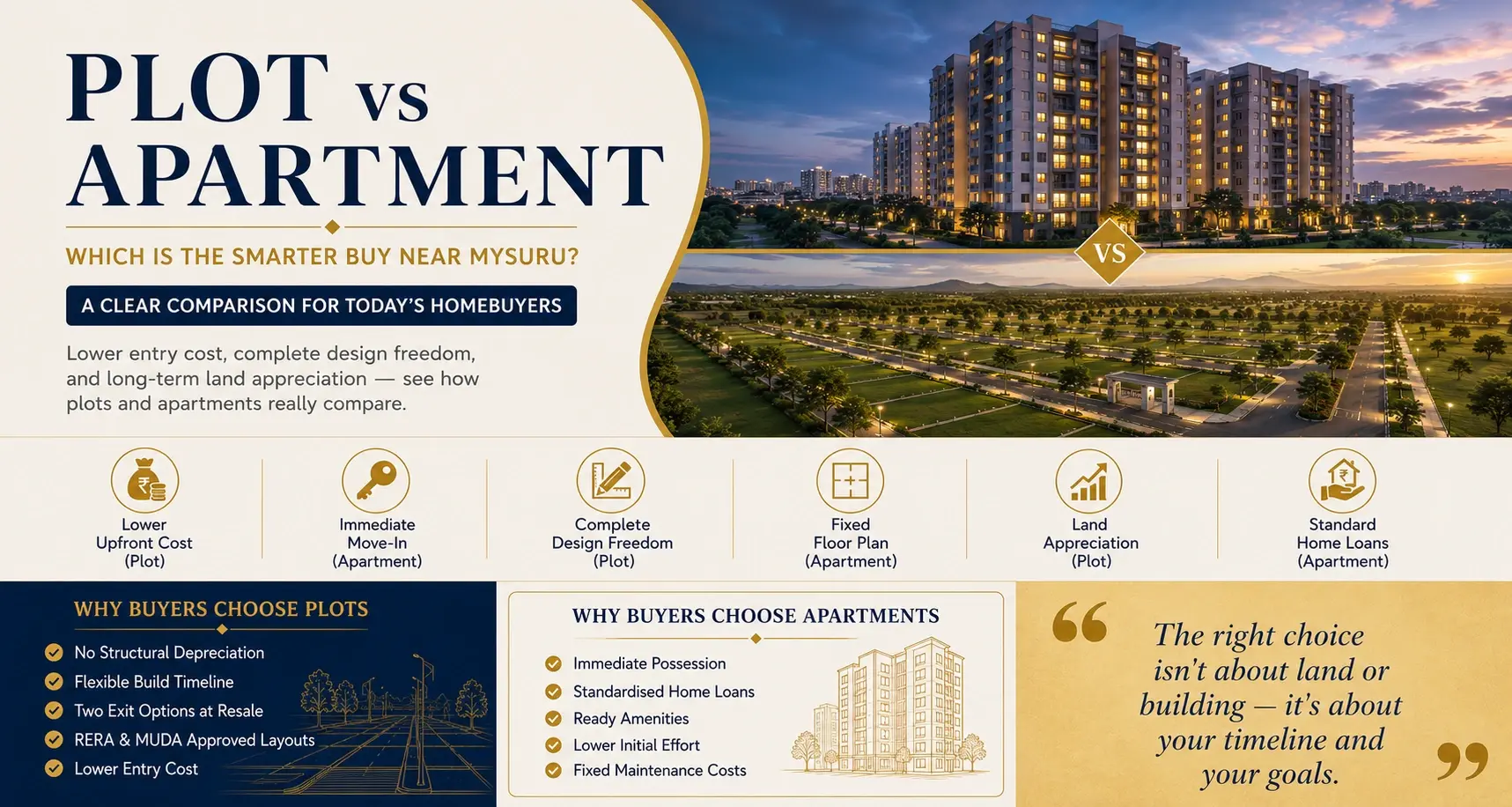 Infographic comparing plot vs apartment investment near Mysuru showing cost, design freedom, and appreciation differences