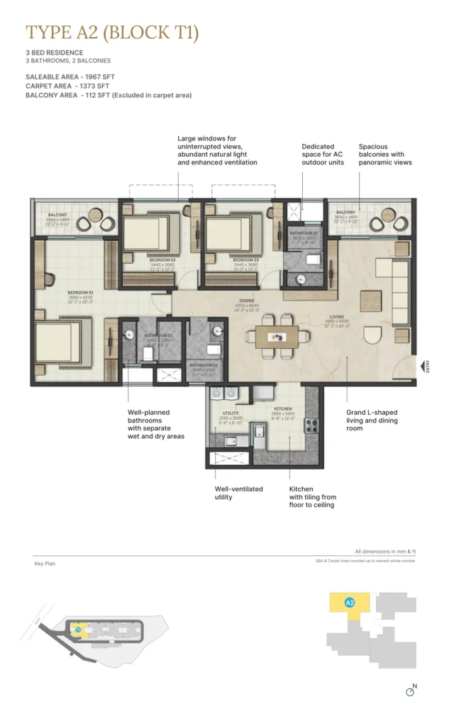 Sobha Atlantis Type A2 floor plan, 3 BHK 1967 sqft, Tower T1