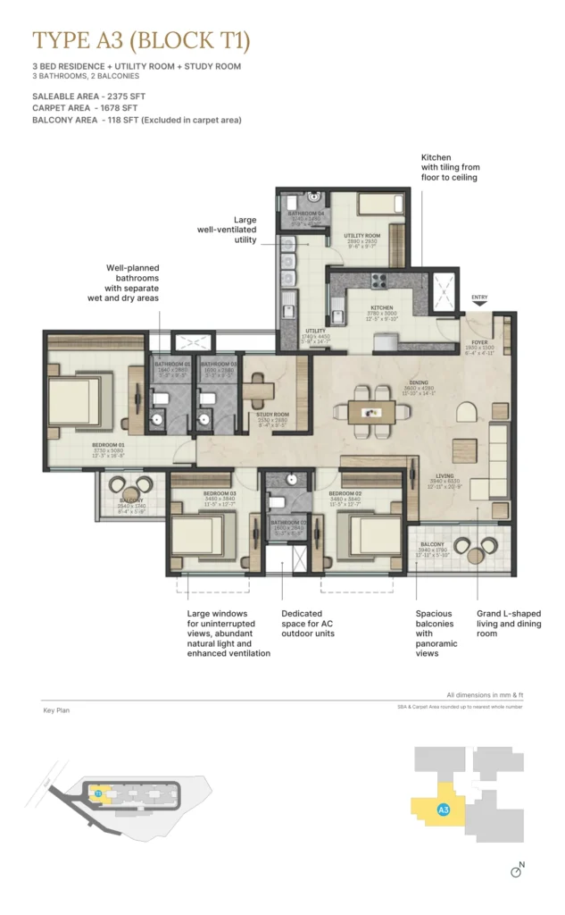 Sobha Atlantis Type A3 floor plan, 3 BHK + study 2375 sqft, Tower T1