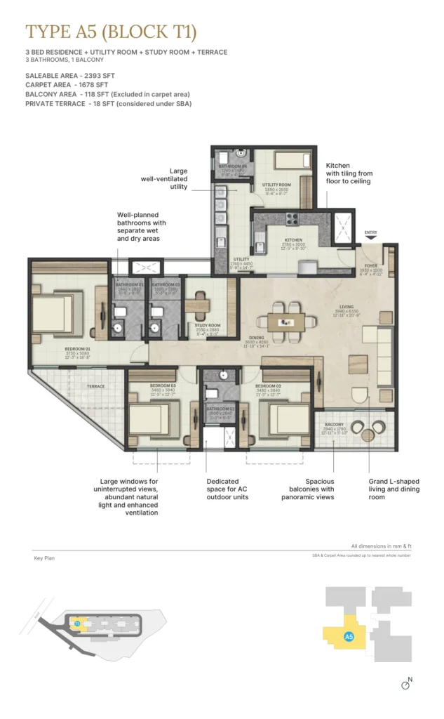 Sobha Atlantis Type A5 floor plan, 3 BHK + study + terrace 2393 sqft, Tower T1