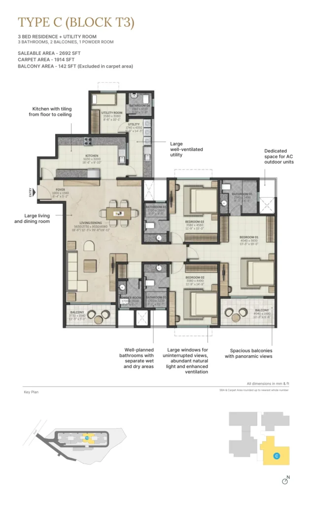 Sobha Atlantis Type C floor plan, 3 BHK + utility 2692 sqft, Tower T3