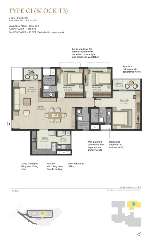 Sobha Atlantis Type C1 floor plan, 3 BHK 1850 sqft, Tower T3