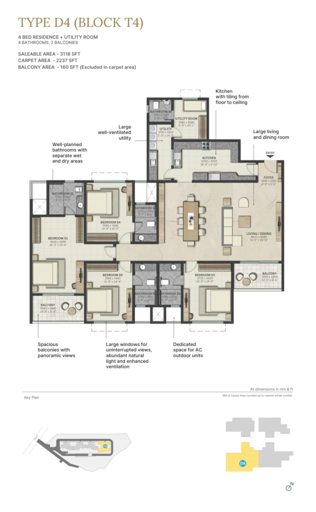 Sobha Atlantis Type D3 floor plan, 3 BHK + study 2390 sqft, Tower T4