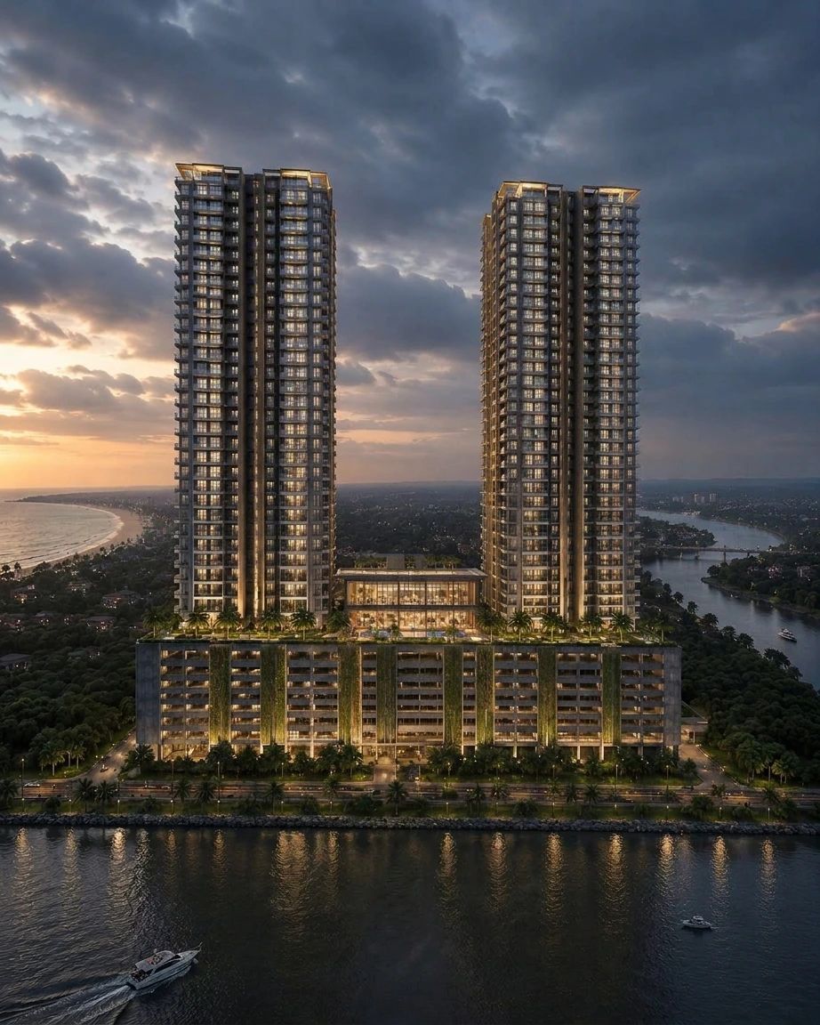 Sobha Bellevue Calicut - twin 37-floor riverfront towers at Feroke with sea view, sunset aerial view