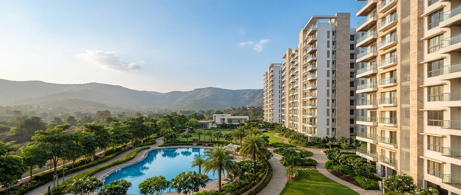 SOBHA luxury apartment project in Pune with modern high-rise towers, landscaped gardens, swimming pool, and Sahyadri hills