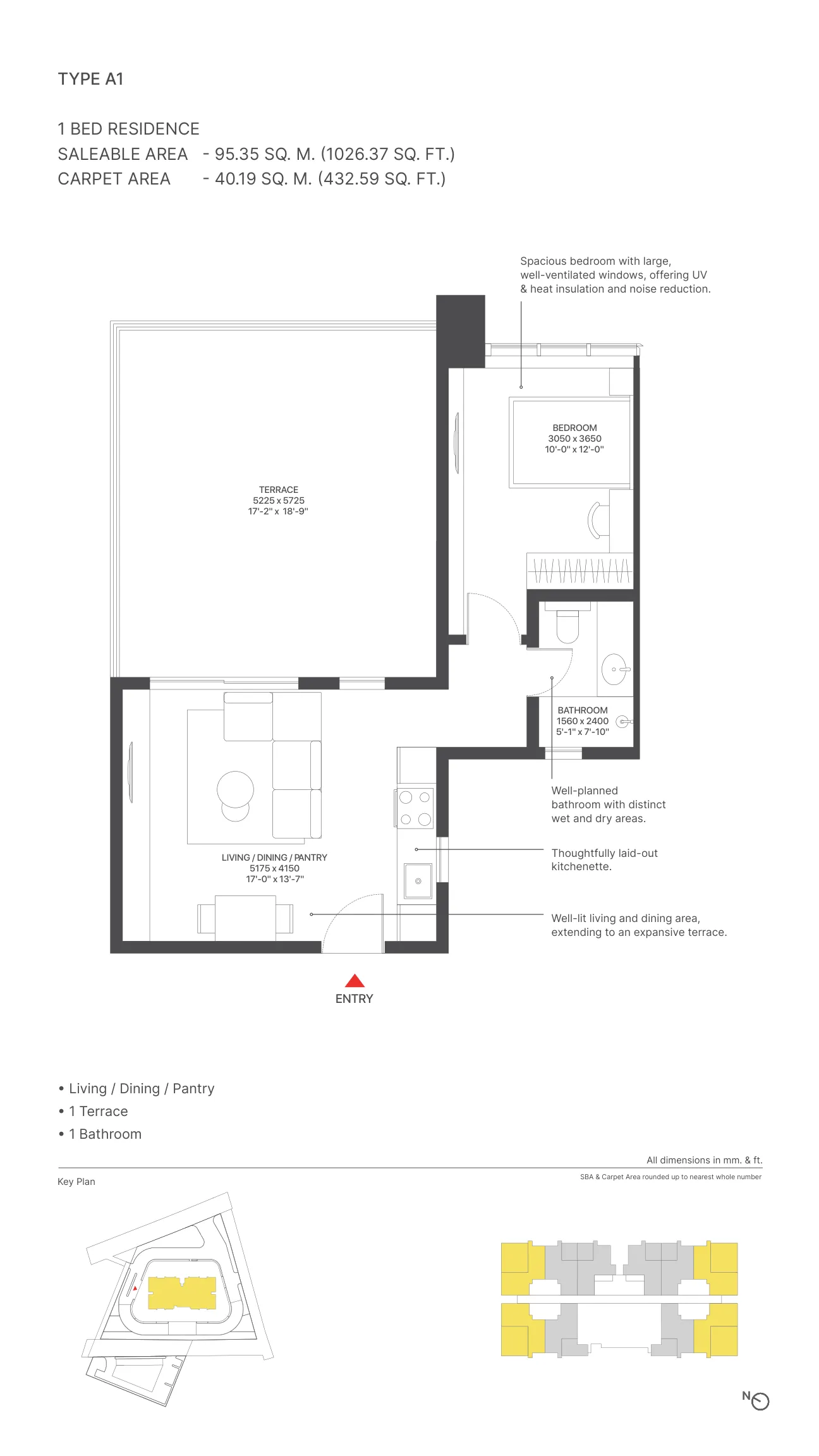Sobha Strada Type A1 floor plan – 1 BHK with terrace, 1026 sq.ft., Sobha Downtown Sector 106