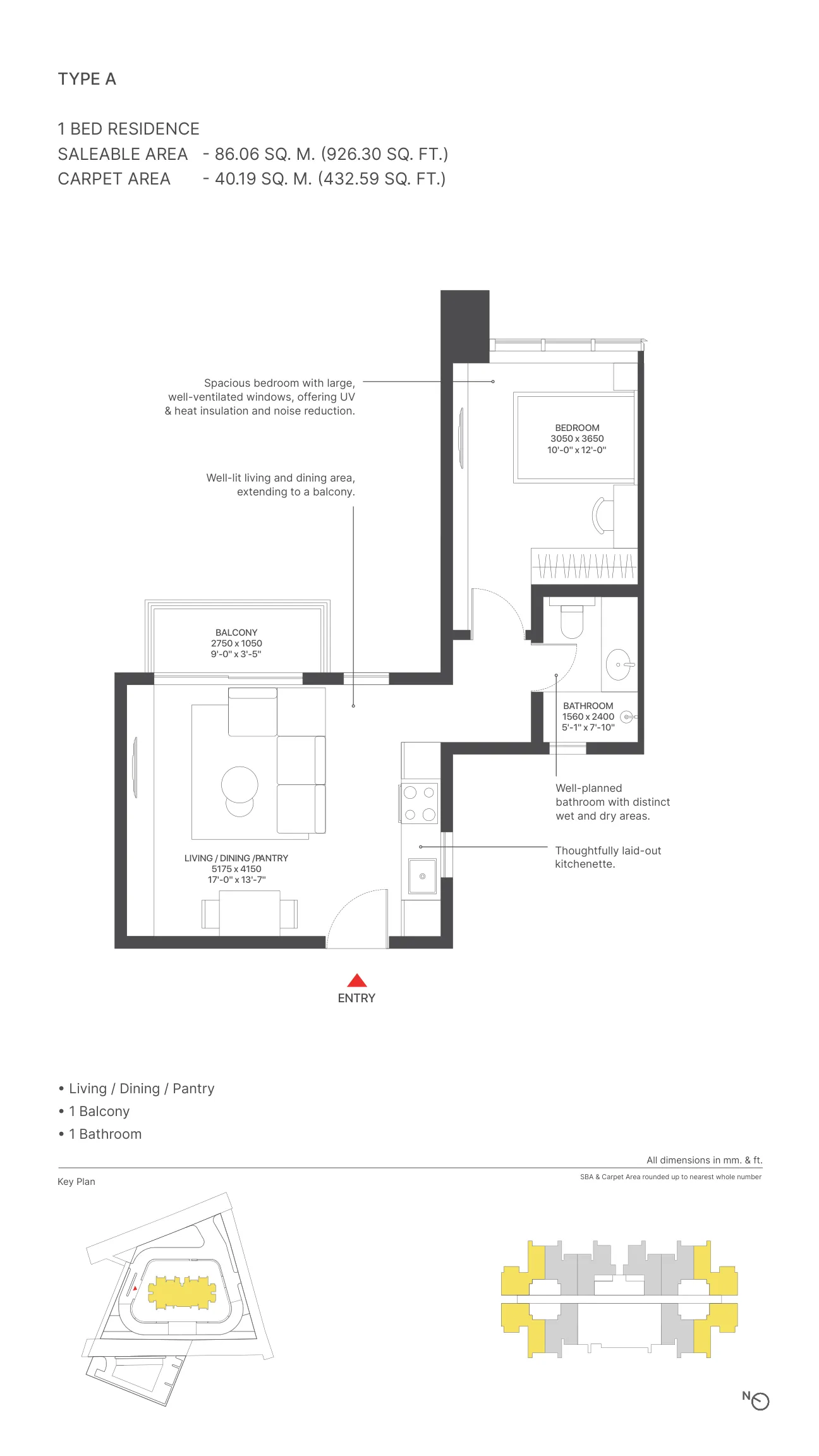 Sobha Strada Type A floor plan – 1 BHK with balcony, 926.30 sq.ft., Sector 106 Gurugram
