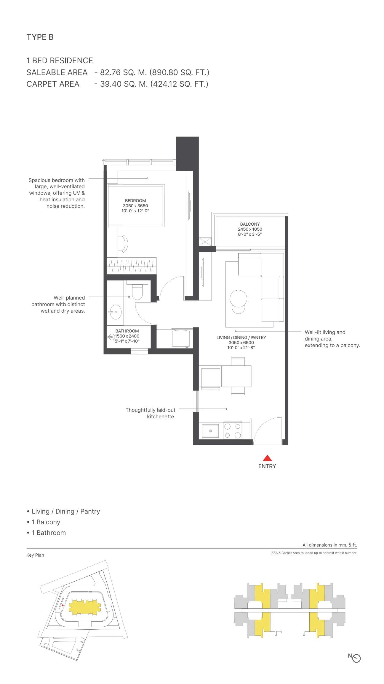 Sobha Strada Type B floor plan – 1 BHK with balcony, 890.80 sq.ft., Gurugram