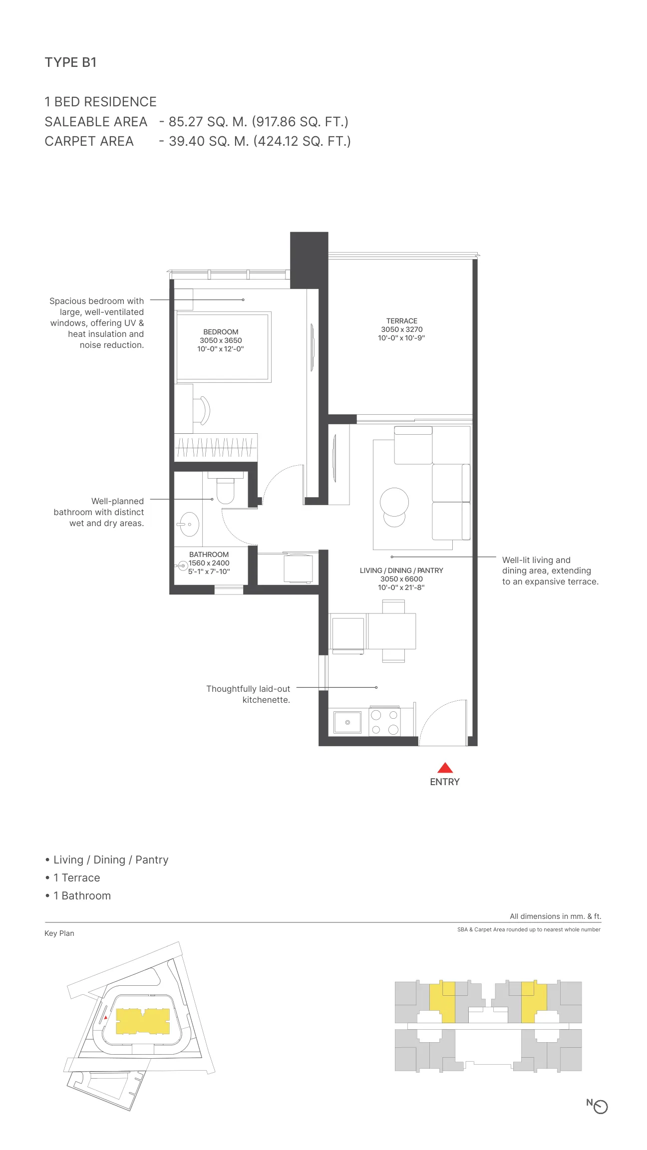 Sobha Strada Type B1 floor plan – 1 BHK with terrace, 917.86 sq.ft., Sector 106 Gurugram