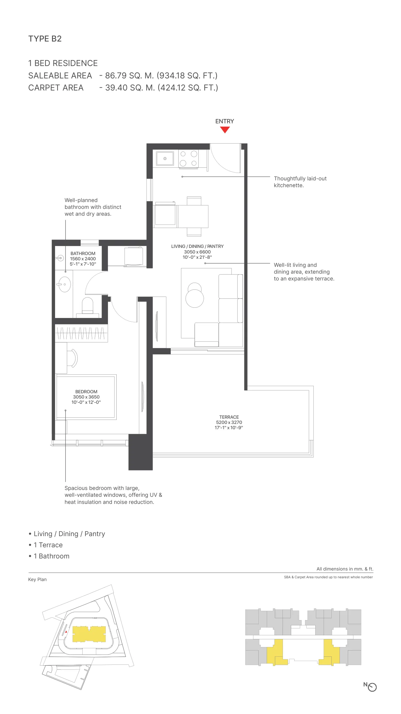 Sobha Strada Type B2 floor plan – 1 BHK with terrace, 934.18 sq.ft., Sobha Downtown Gurugram