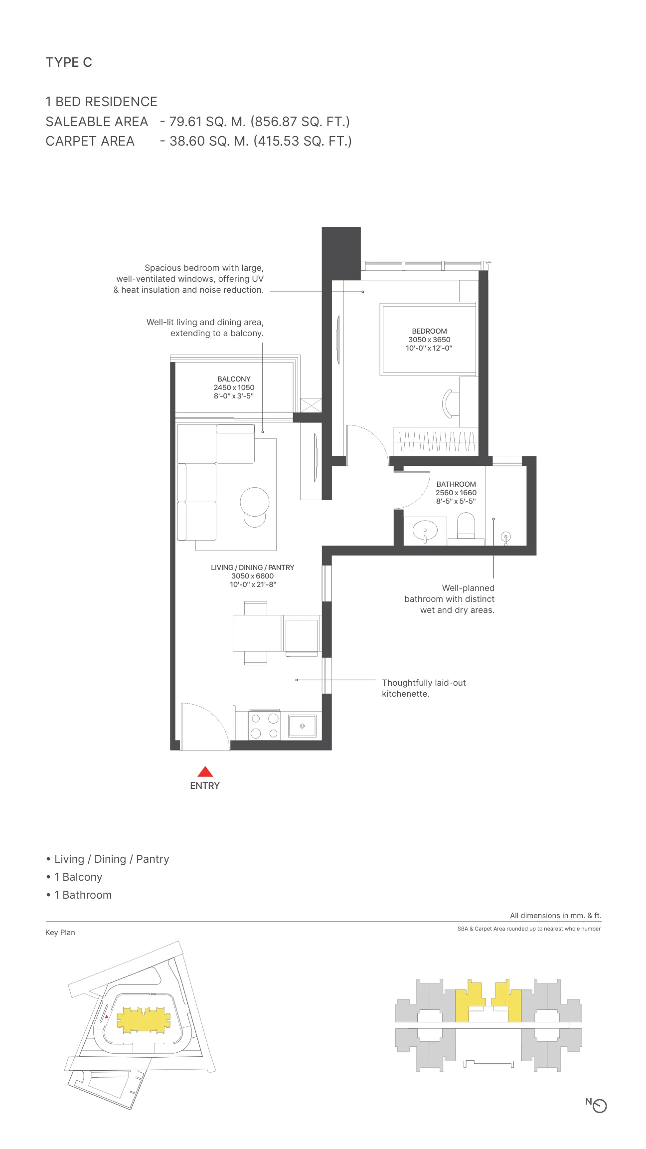 Sobha Strada Type C floor plan – 1 BHK with balcony, 856.87 sq.ft., Sector 106 Gurgaon