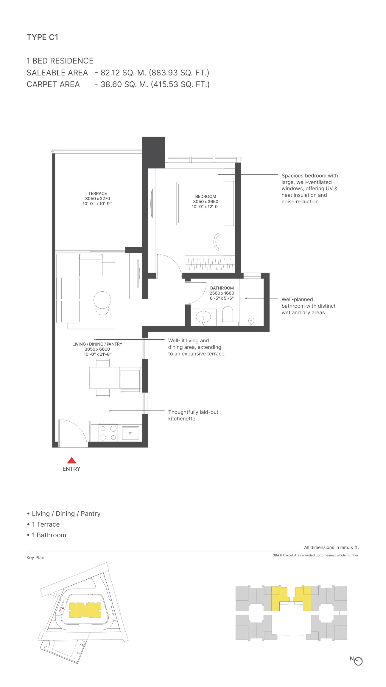 Sobha Strada Type C1 floor plan – 1 BHK with terrace, 883.93 sq.ft., Sector 106 Gurugram