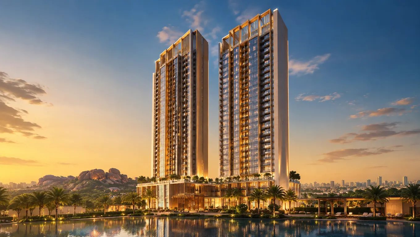 Sobha Kismatpur Hyderabad - concept render of twin 56-floor towers with pool and landscaped podium at sunset