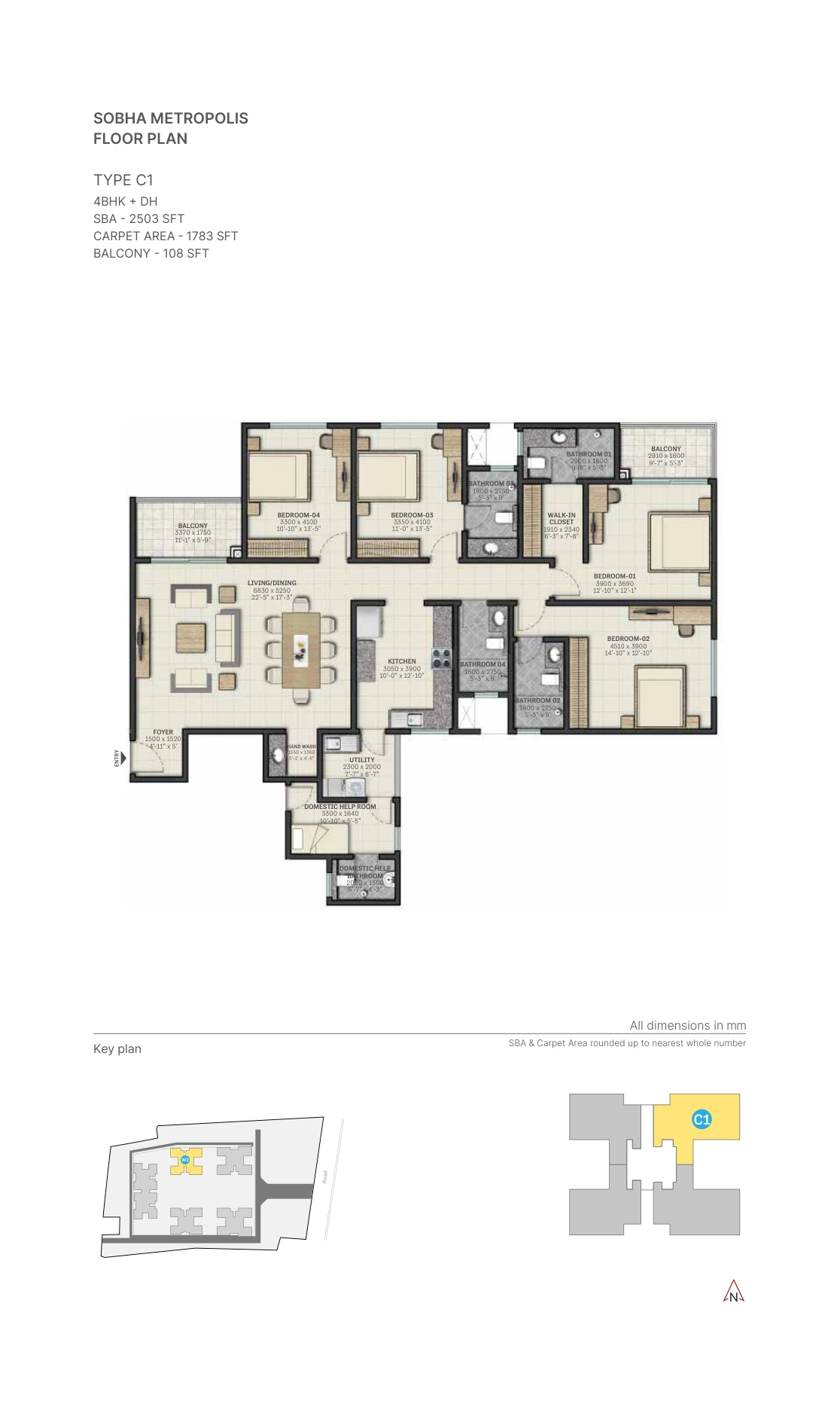 Sobha Metropolis Thrissur 4 BHK floor plan, Type C1, 2503 sq.ft.