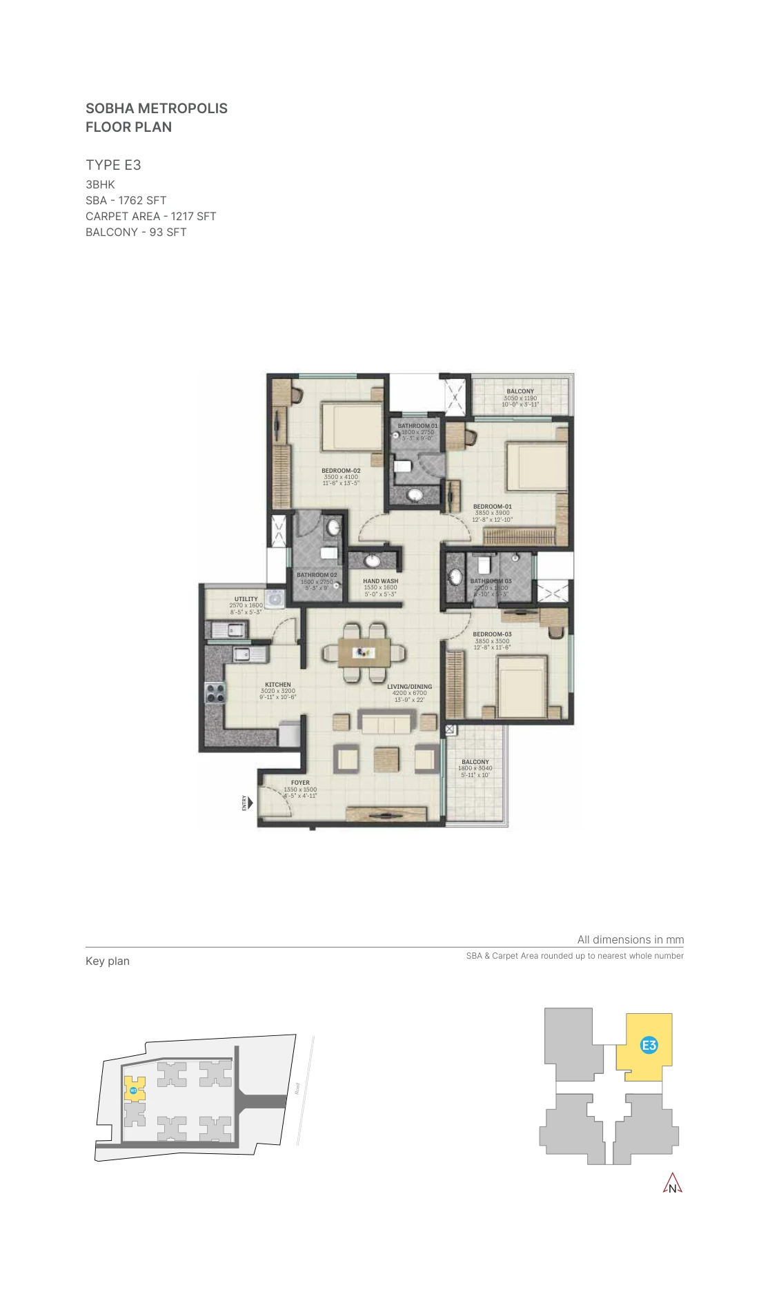 Sobha Metropolis Thrissur 3 BHK floor plan, Type E3, 1762 sq.ft.