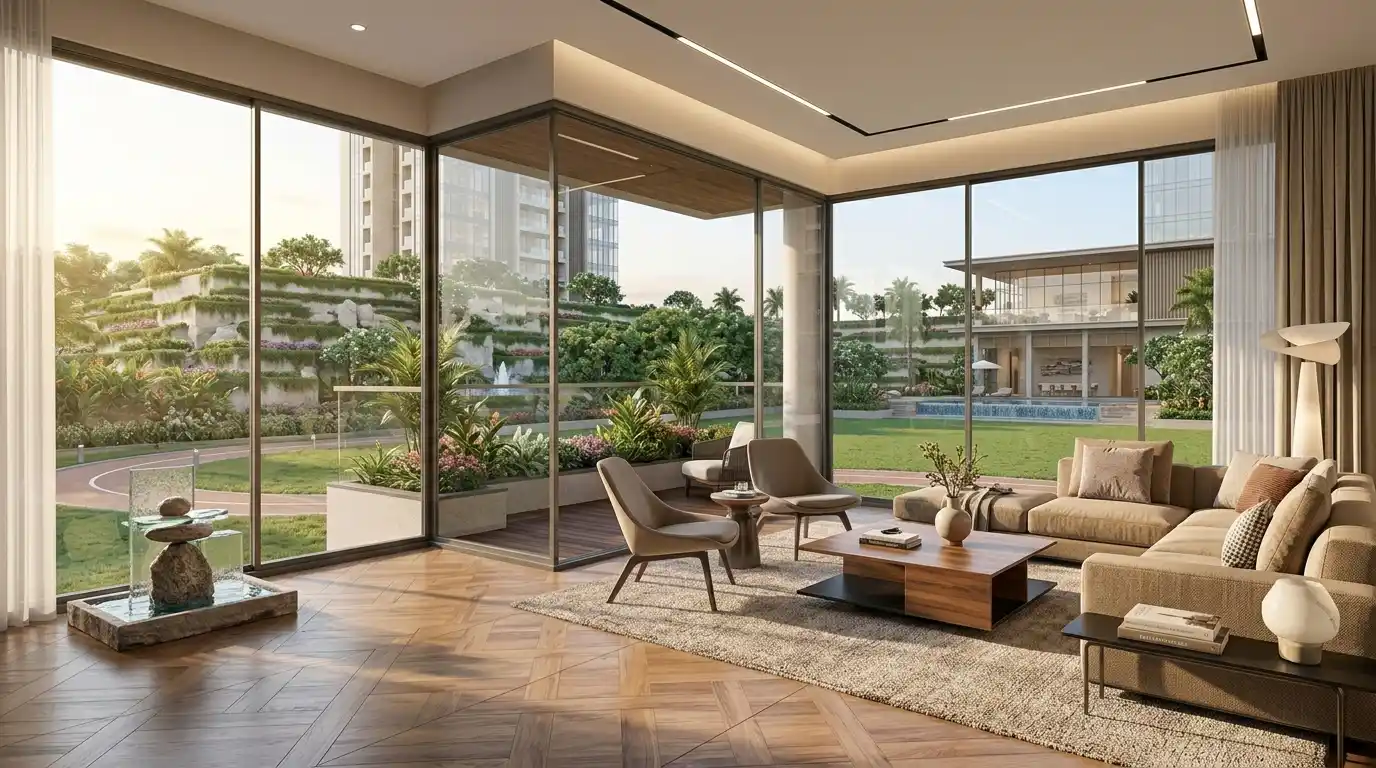Spacious living room interior with floor-to-ceiling windows overlooking the landscaped garden at Sobha Mullur
