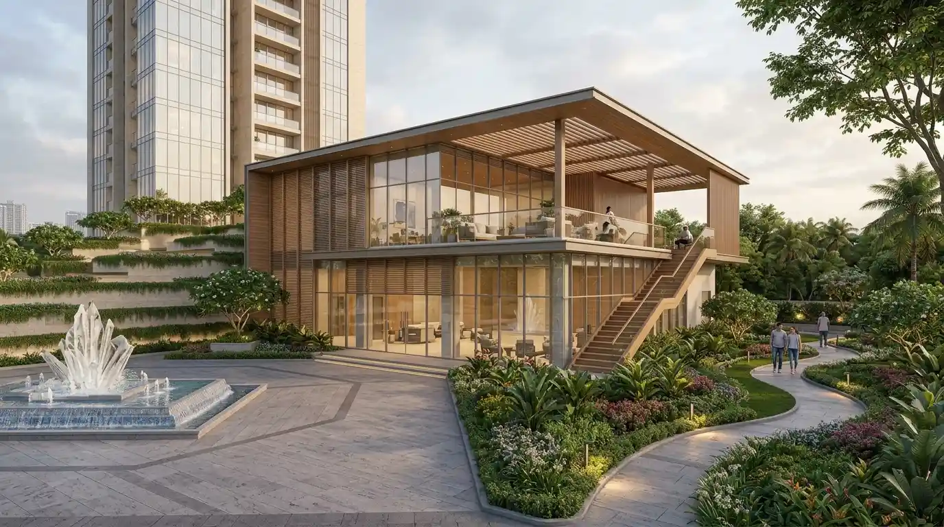 Clubhouse exterior with landscaped garden and water fountain at Sobha Mullur, Mullur, Sarjapur Road