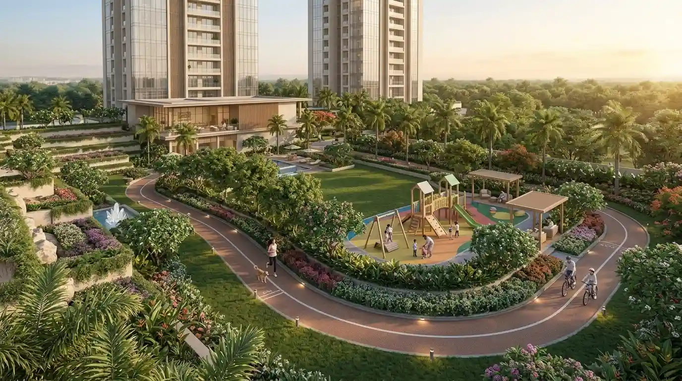 Landscaped jogging track and children's play area within the Sobha Mullur apartment community, Sarjapur Road