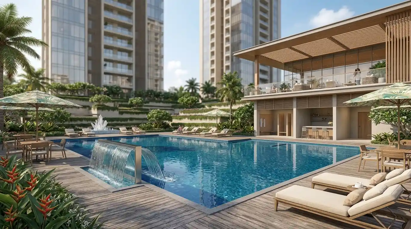 Swimming pool and clubhouse deck at Sobha Mullur, surrounded by high-rise apartment towers