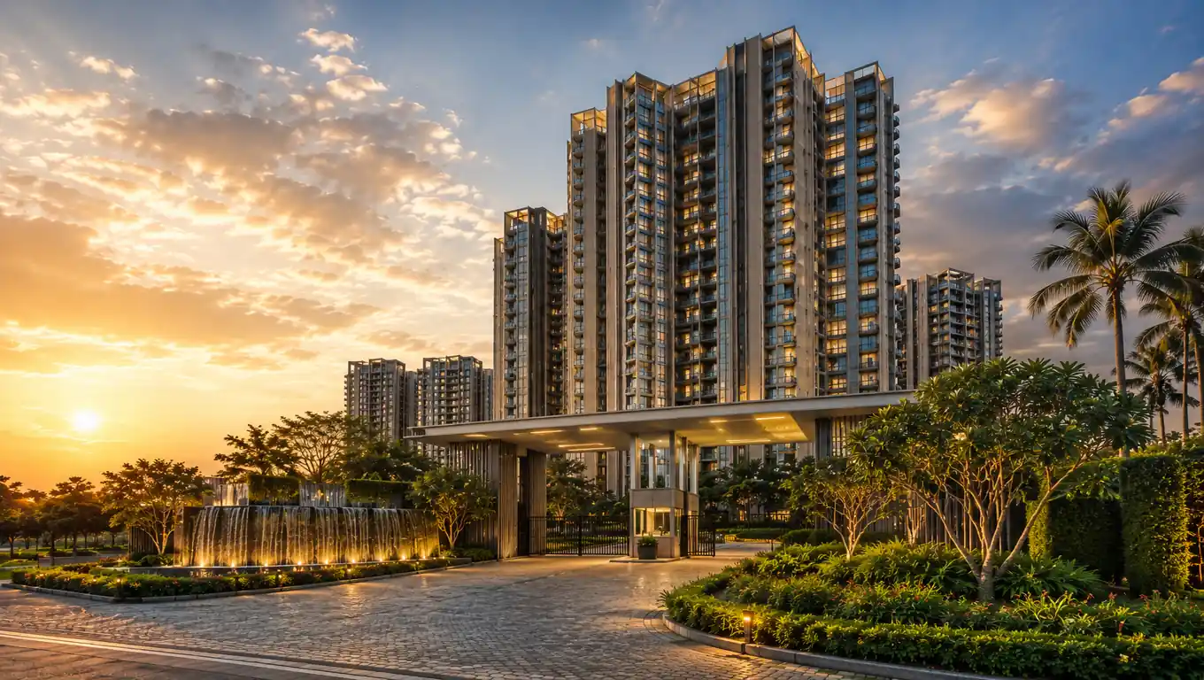 Sobha Mullur high-rise apartment towers and main entrance gate on Sarjapur Road, Bangalore, at sunset