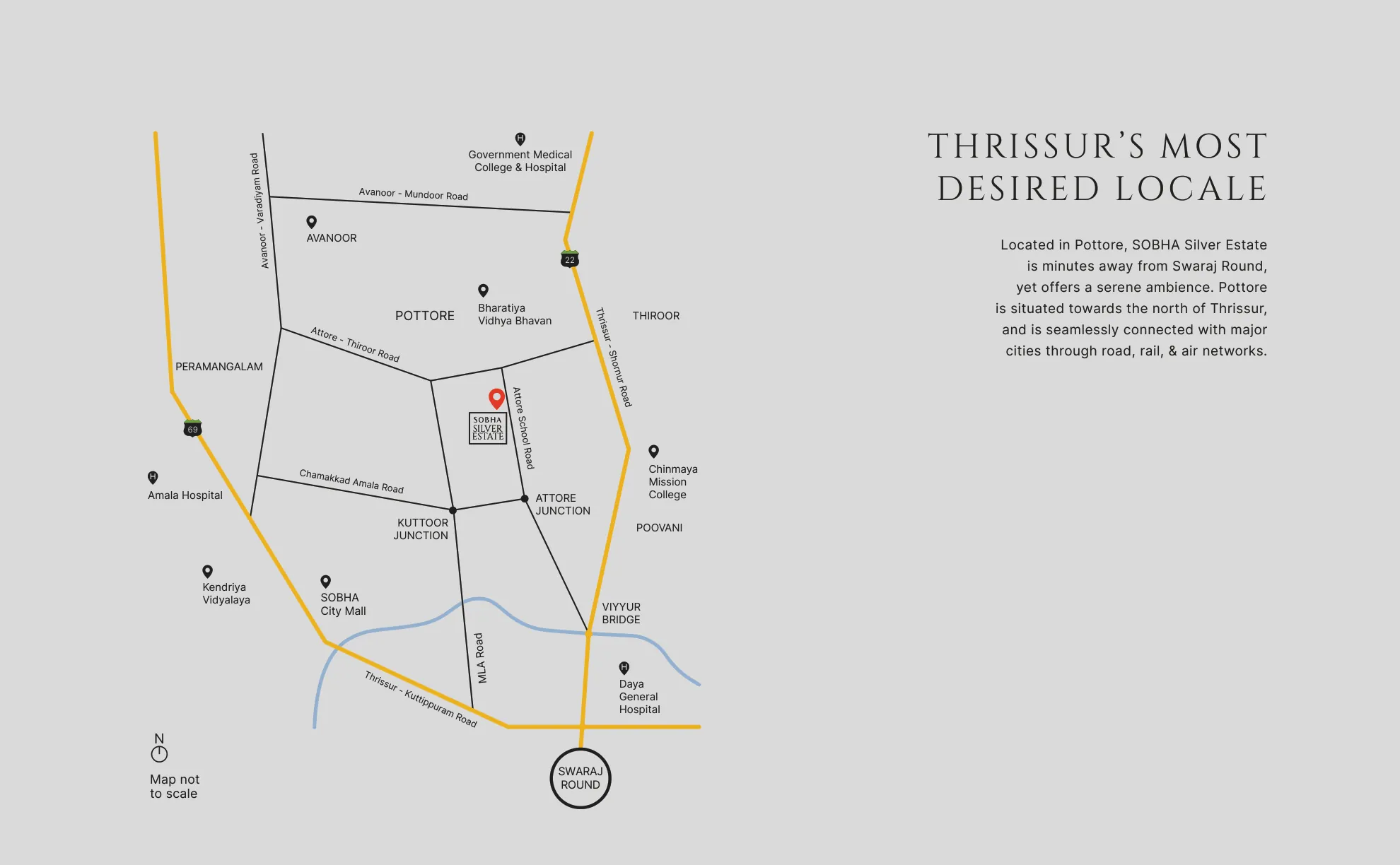 Sobha Silver Estate location map showing connectivity from Pottore to Swaraj Round, Thrissur