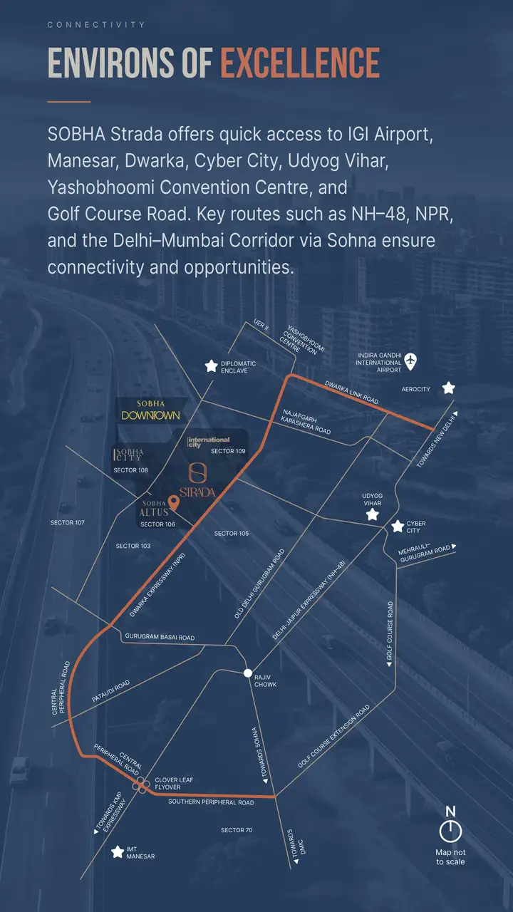 Sobha Strada location map – Sector 106 Gurugram, Dwarka Expressway connectivity to IGI Airport, Cyber City & Golf Course Road