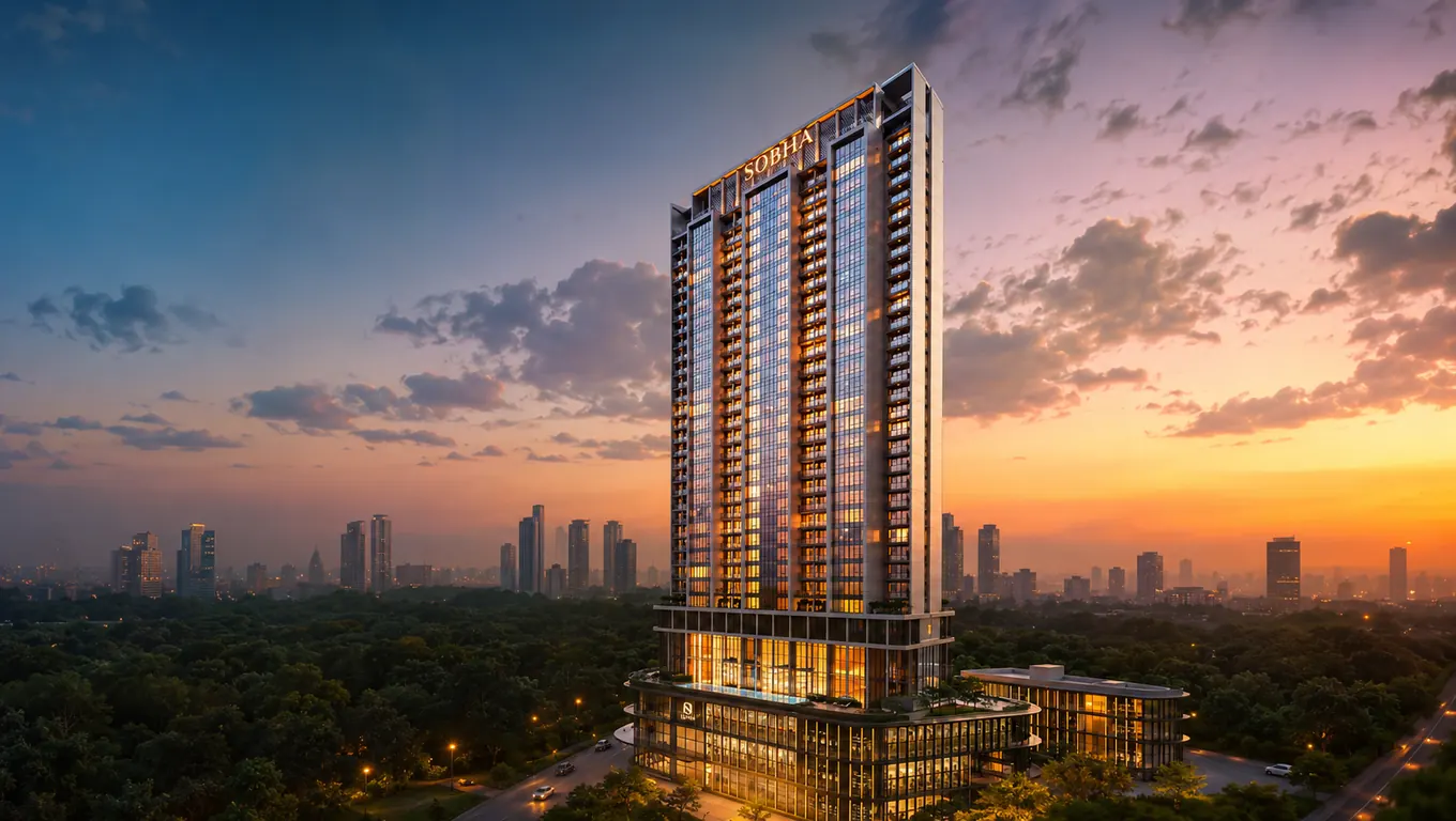 Sobha Strada tower elevation at sunset – serviced residences & retail, Sector 106, Dwarka Expressway, Gurugram