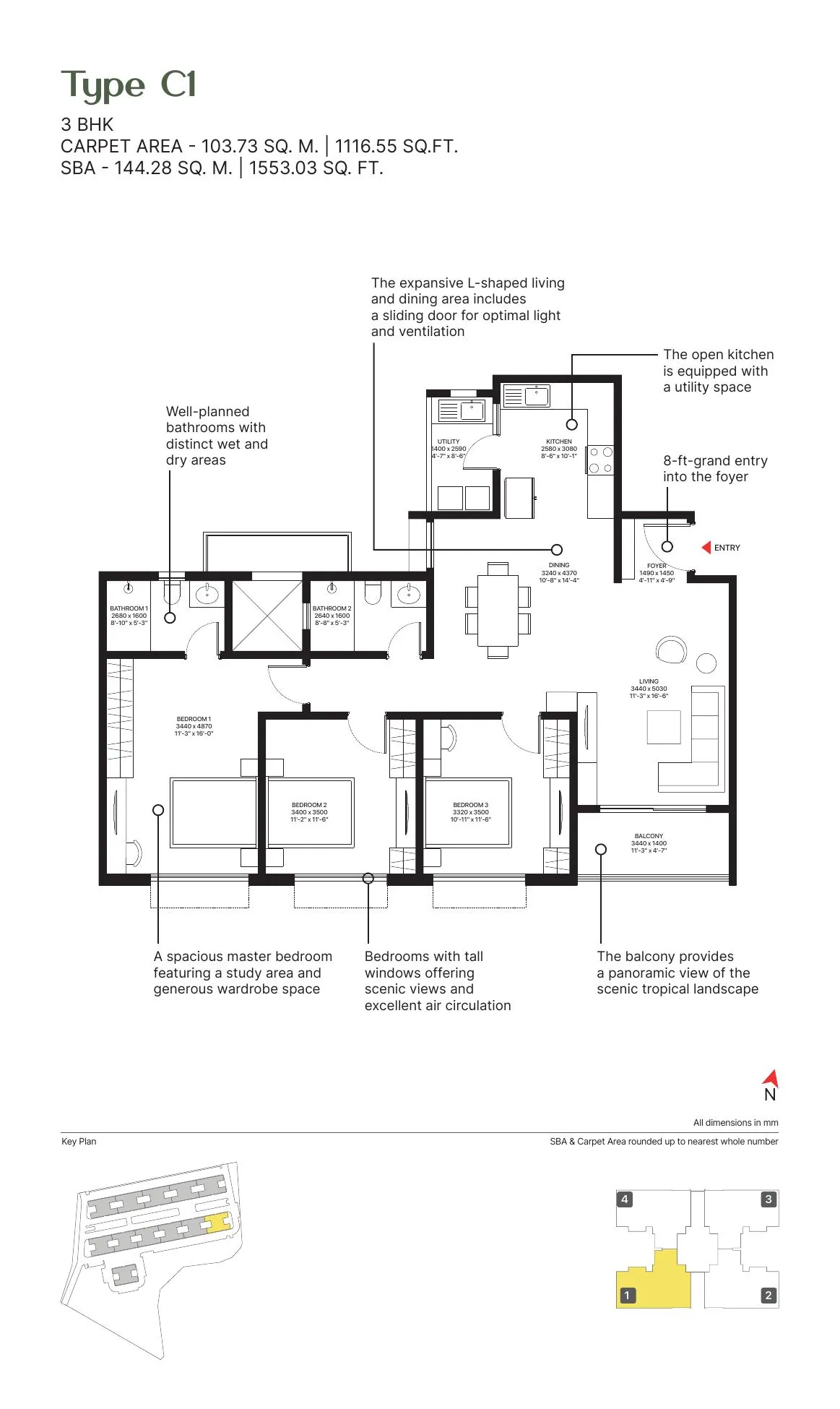 Sobha Ayana Type C1 3 BHK floor plan, 1553 sq ft, with room-wise dimensions