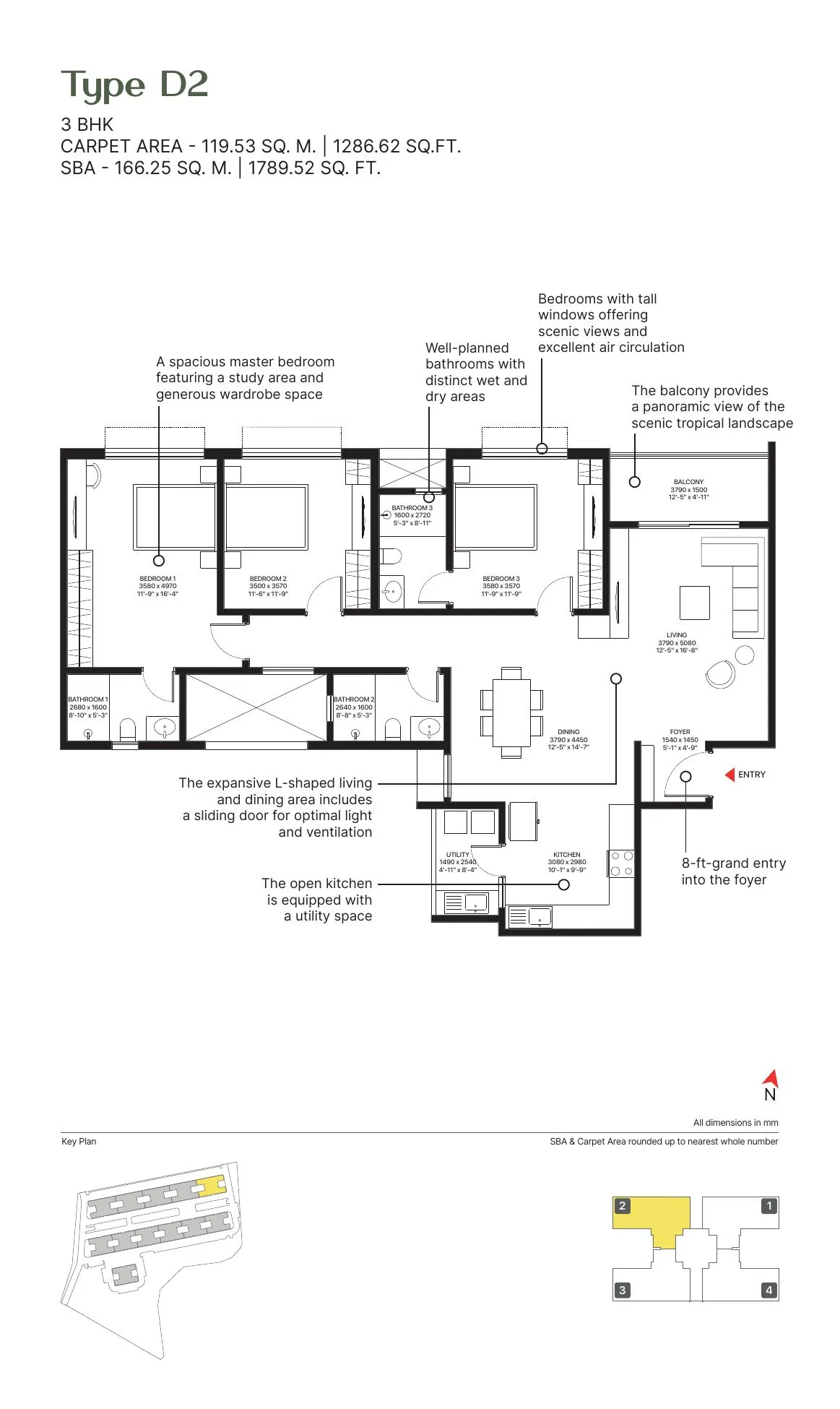 Sobha Ayana Type D2 3 BHK floor plan, 1789 sq ft, with room-wise dimensions