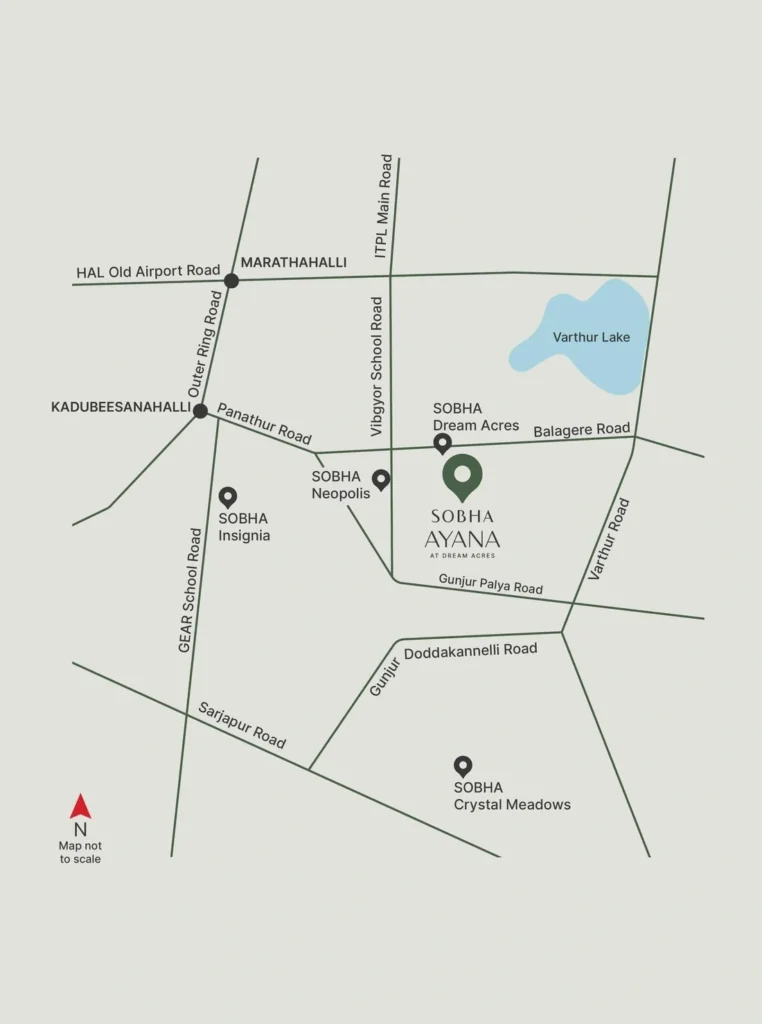 Sobha Ayana location map showing Panathur Road, Outer Ring Road, Balagere Road and nearby Sobha Neopolis, Sobha Insignia, Sobha Dream Acres