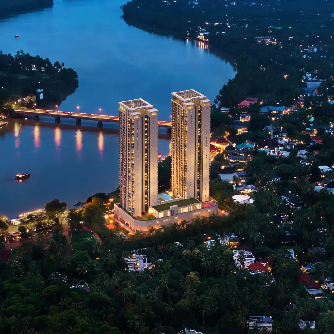 Sobha Bellevue Calicut - twin towers on the Chaliyar River at night, Feroke riverfront view