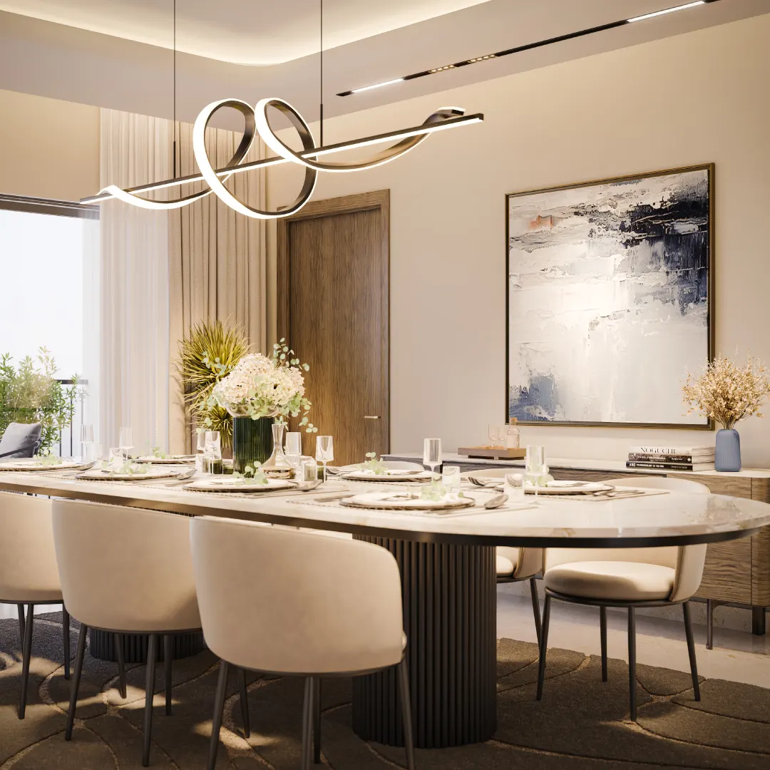 Sobha Bellevue dining area with modern lighting and balcony access