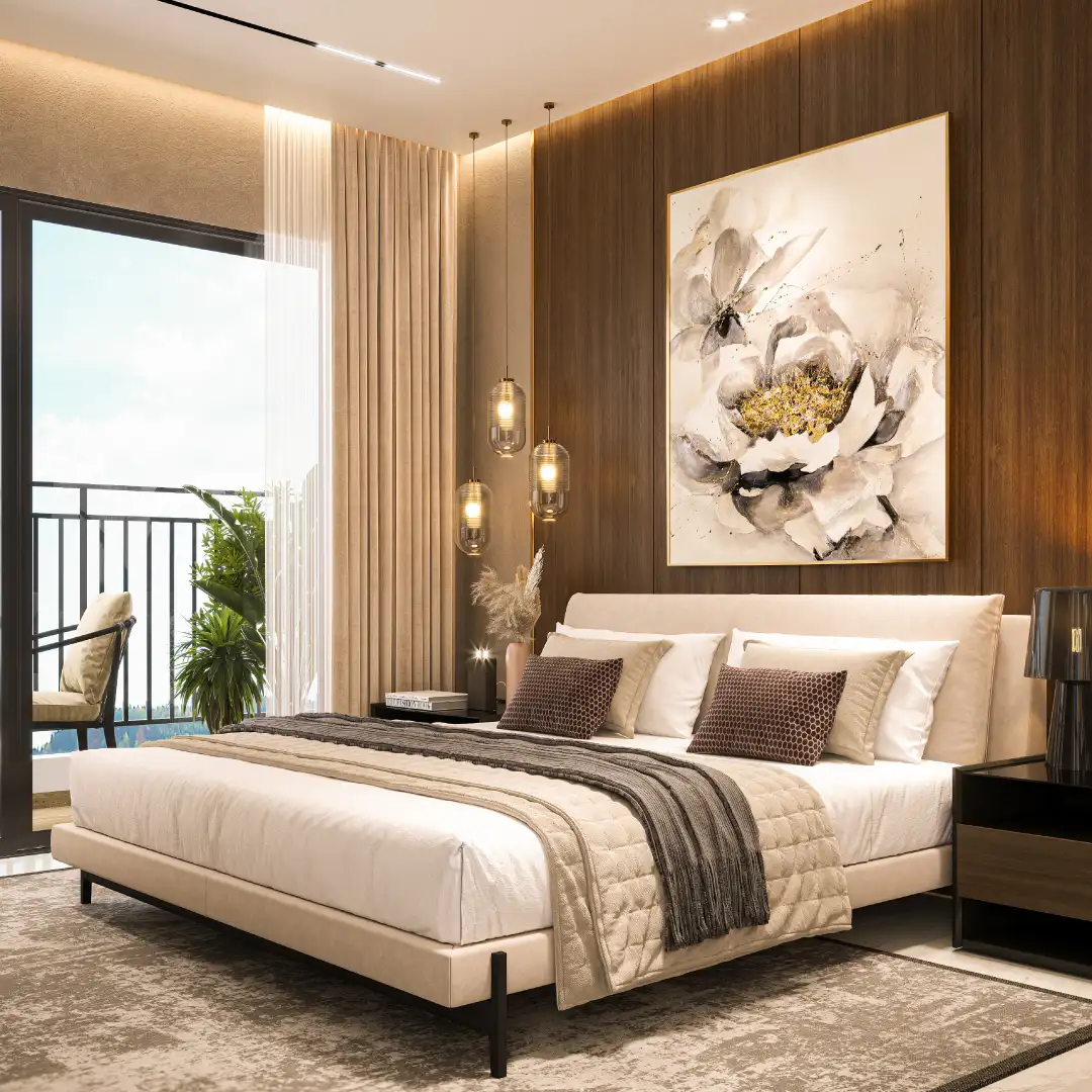 Sobha Bellevue master bedroom interior with balcony and wooden accent wall