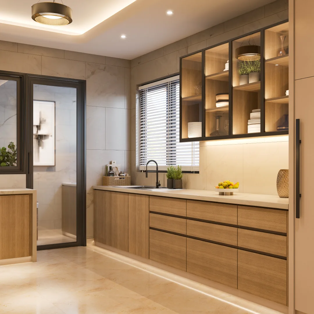 Sobha Bellevue modern kitchen with wood cabinetry and open shelving