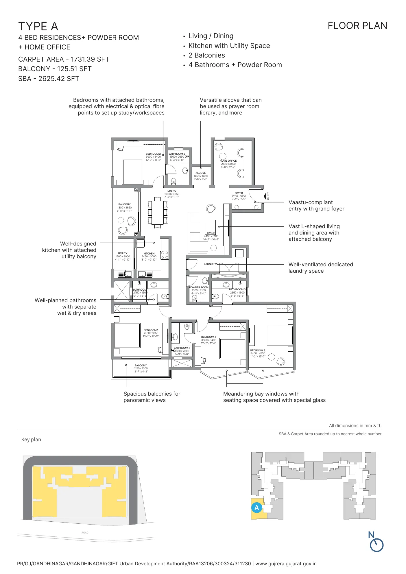 SOBHA Elysia Type A floor plan, 4 Bed Residence with Powder Room and Home Office, 2625 sq ft SBA, GIFT City